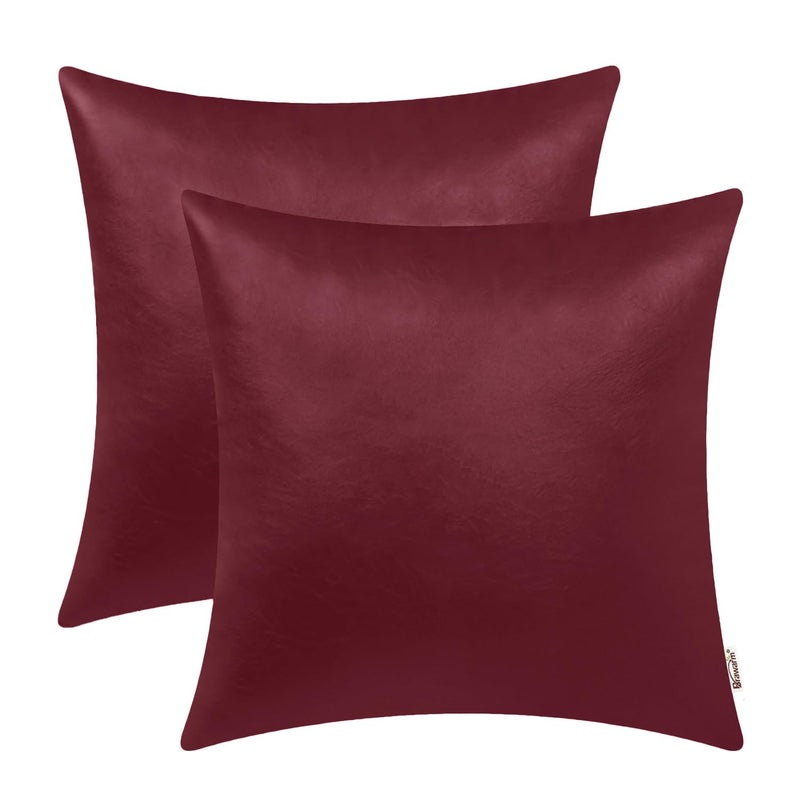 BRAWARM Faux Leather Throw Pillow Covers 20 X 20 Inches - Burgundy Leather Pilow Covers Pack of 2, Solid Dyed Leather Pillowcases for Couch Bed Sofa Garden Home Decorative - Image 1